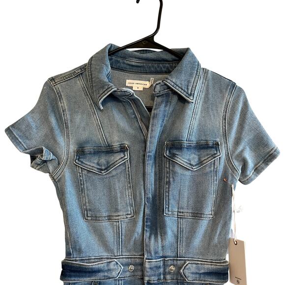 Good American Fit for Success Short Sleeve Denim Jumpsuit Blue Size Small - Picture 9 of 11